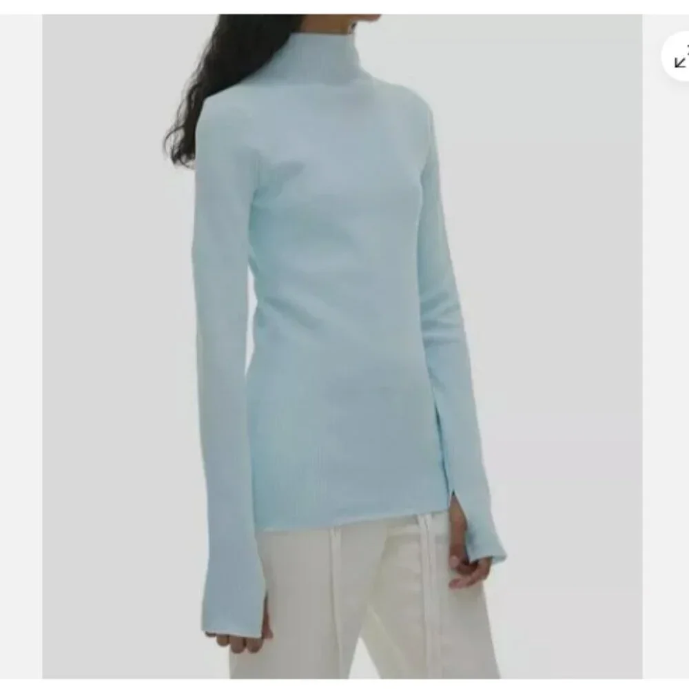 Helmut Lang Foam  Blue Mockneck Ribbed Sweater Size Medium - Picture 3 of 13
